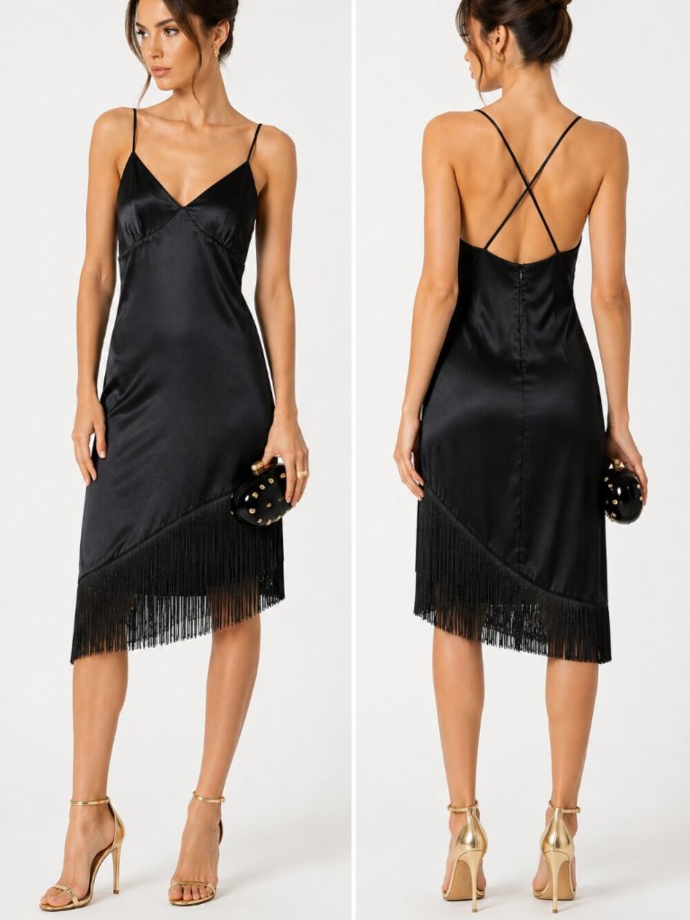 Zara Black Satin Fringe Asymmetric Hem Slip Midi Dress Cross Back Straps XS